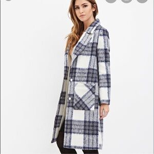 Forever 21 Womens Blue Cream Plaid Longline Duster Coat Medium